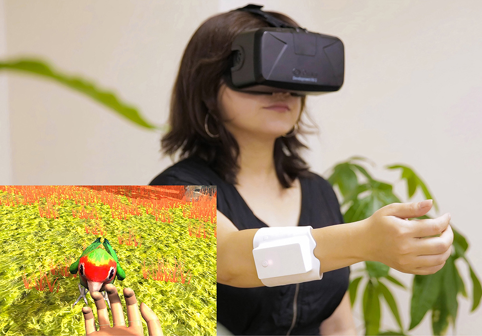 Conveying proprioceptive sensations to the body through a white band worn on the arm, UnlimitedHand can realistically reproduce the weight and presence of a small bird (bottom left) held in the hand. H2L