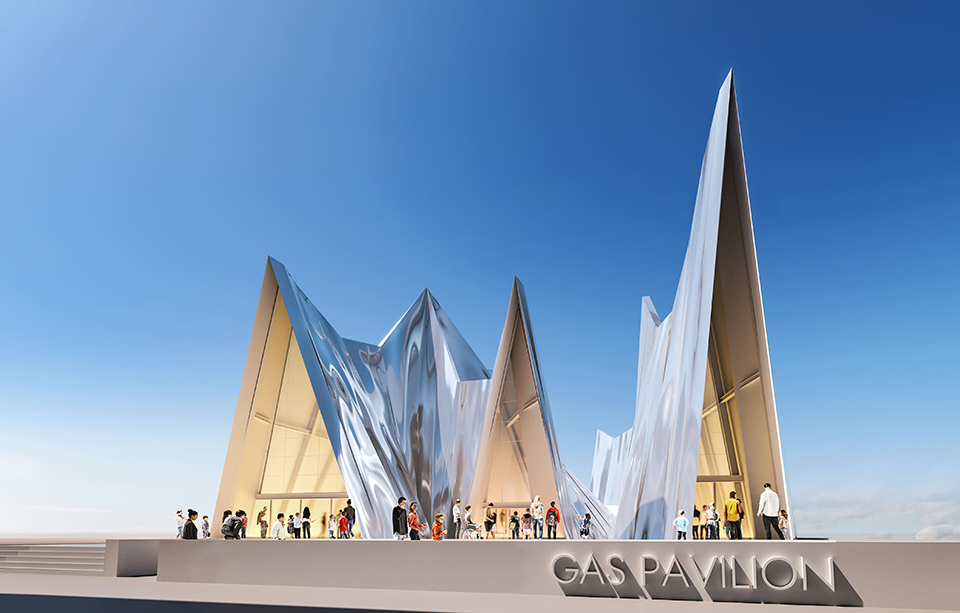 A modern pyramid-shaped building with sleek lines and silver facades, set against a clear blue sky.