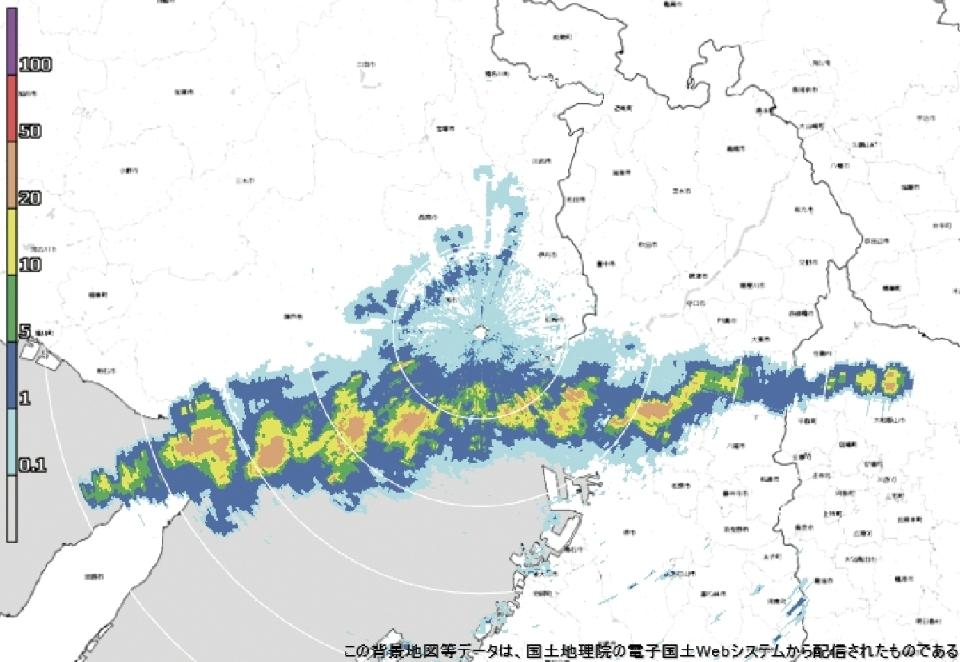 A radar image showing a linear band of heavy rainfall in an area of southern Japan