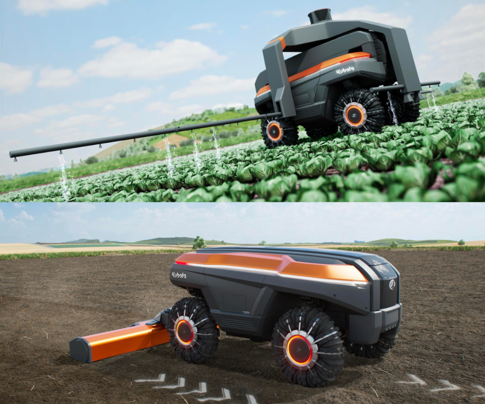 Images of black and orange automated agricultural machinery working in farm fields