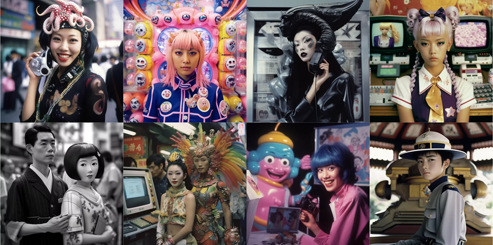 A lineup of fictional street snapshots made using generative AI