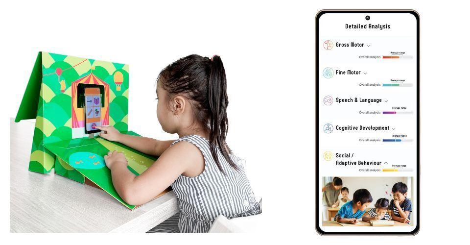 Image of TOY EIGHT's app, and a child using it on a smartphone placed on a colorful foldable stand