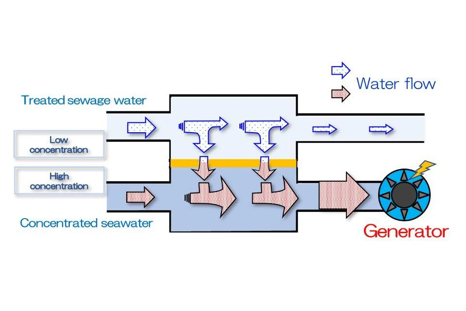 A diagram showing how osmotic power generation is done at  Mamizupia