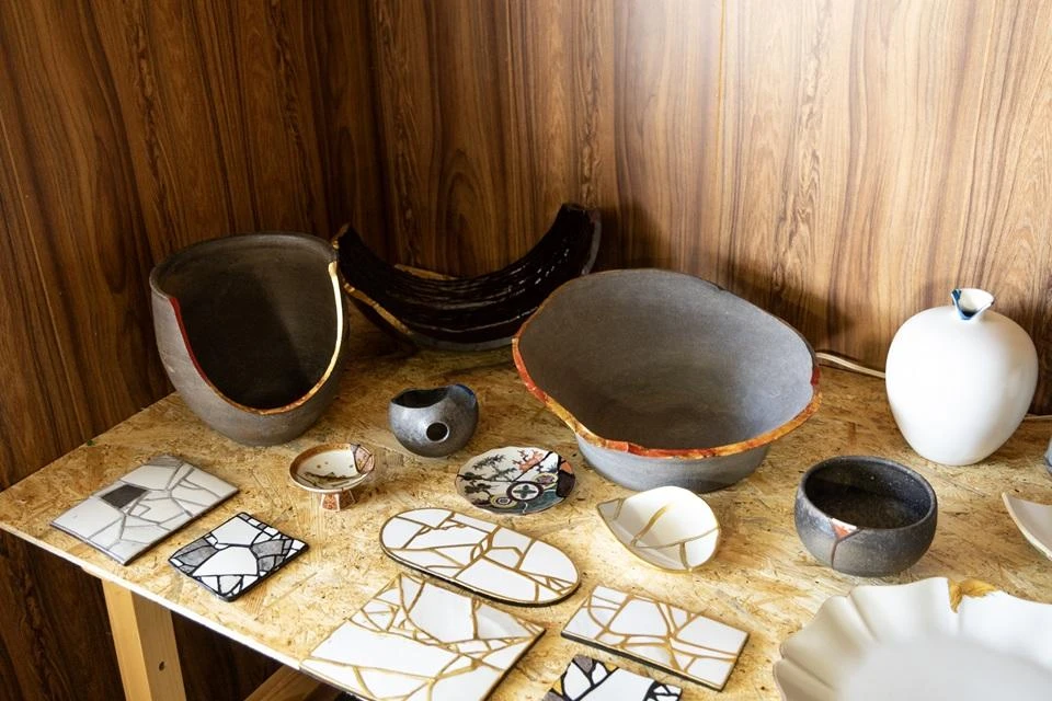Examples of pottery transformed using the kintsugi technique